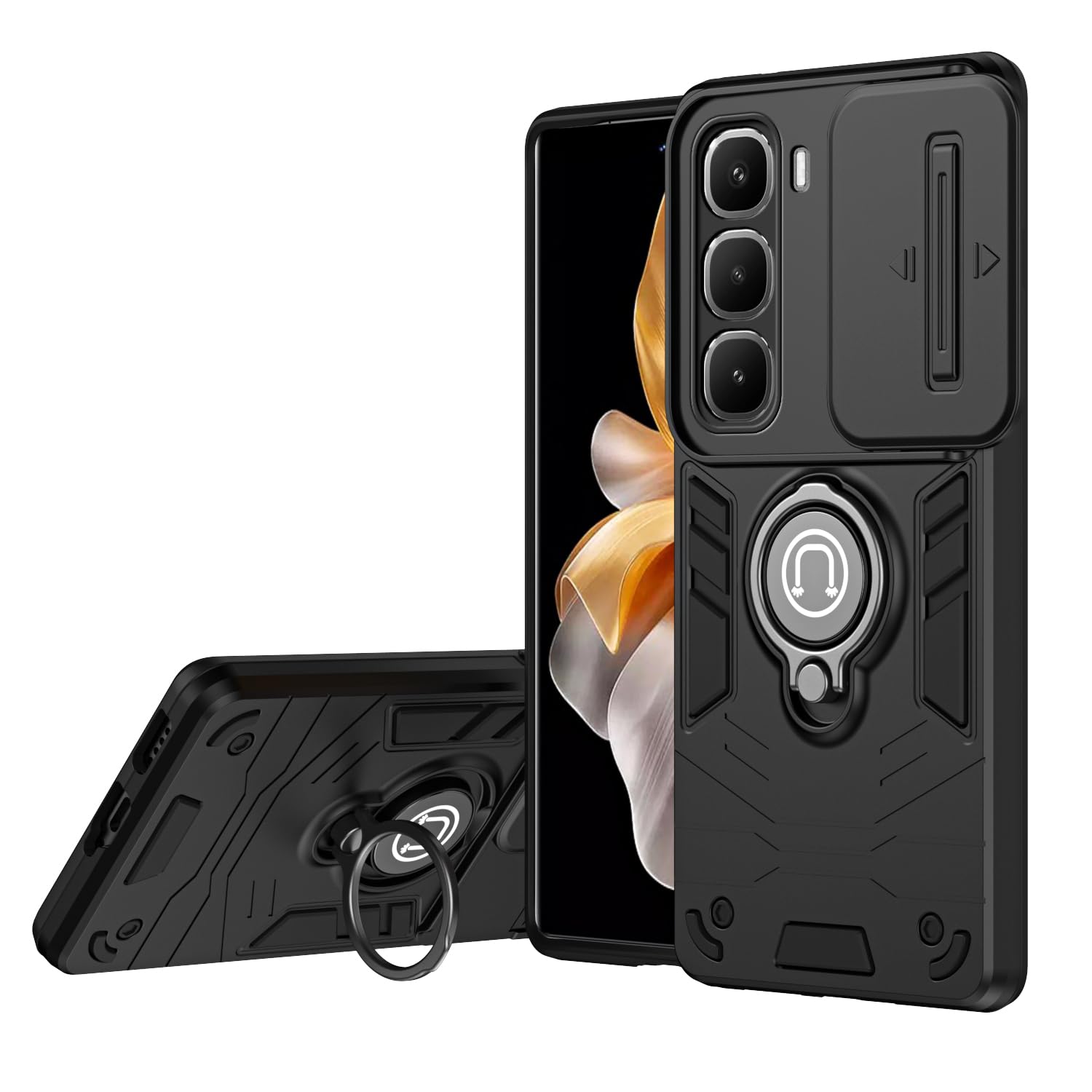 Compatible with Infinix Hot 60 Pro 4G Case Cover,Compatible with Infinix Hot 60 Pro 4G X6885 Phone Protective Case with Built-in Sliding Camera Lens Cover + Finger Ring Holder Black