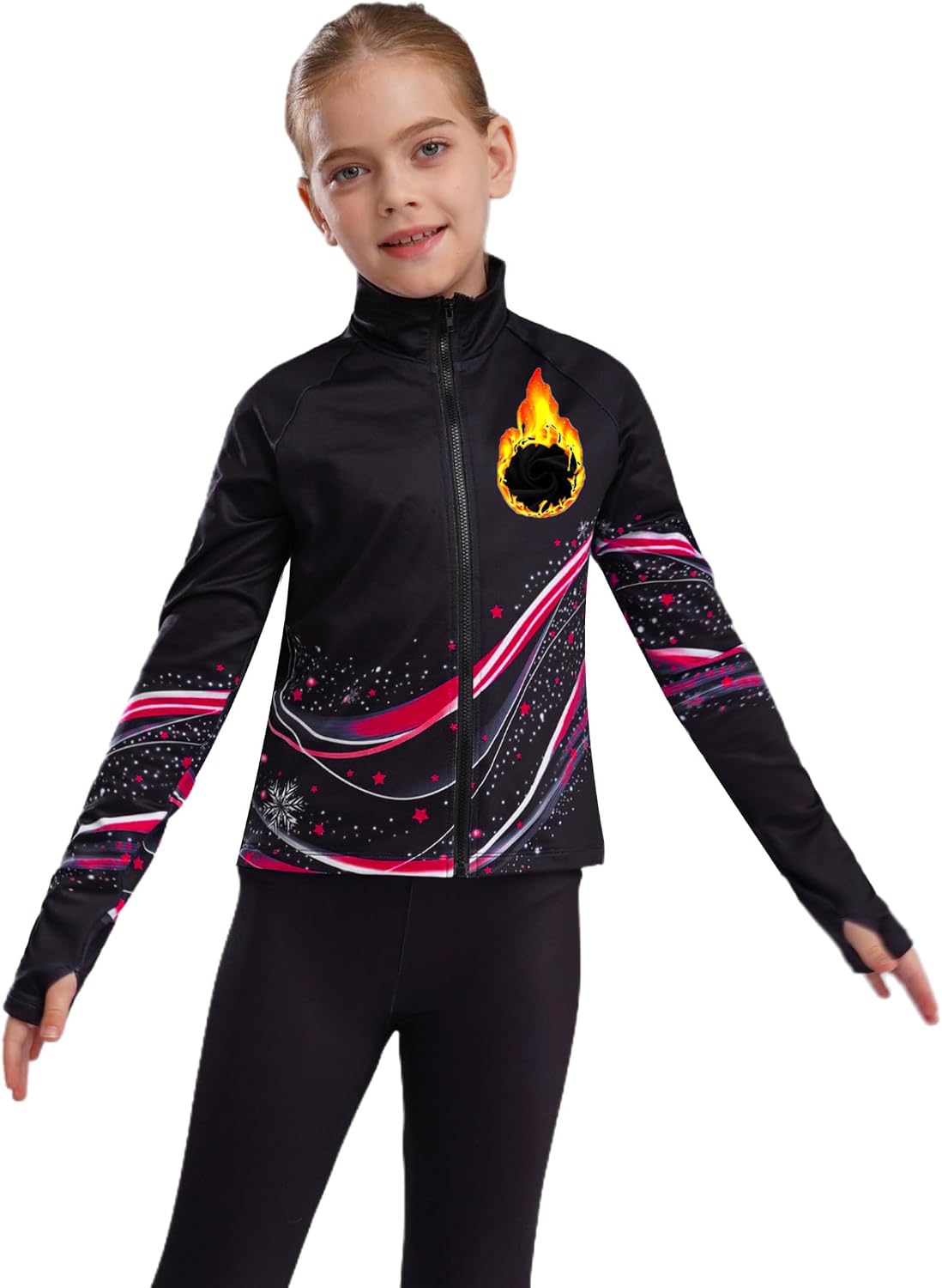 Girls Long Sleeve Stand Collar Shirts Stylish Printed Skating Jacket for Figure Skating Training Competition