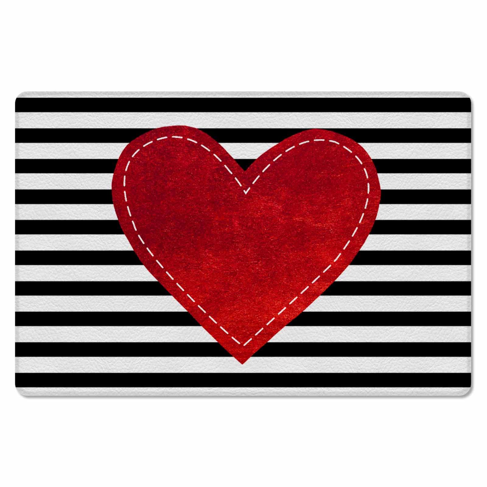 Red Love Kitchen Bath Door Mat Cushioned Runner Rug,Washable Welcome Floor Sink Antifatigue Mat,Waterproof & Non-Slip Comfort Standing Doormat,Valentine's Day Black Geometric Stripes 18