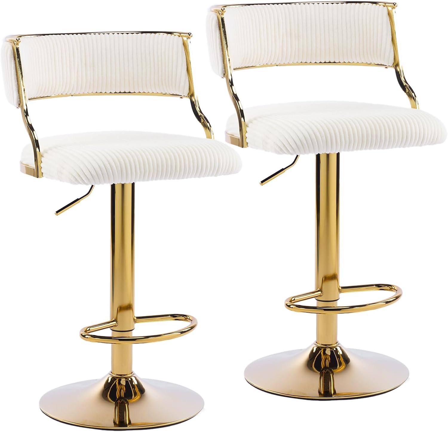 VINGLI Counter Height Bar Stools Set of 2, Modern Velvet Adjustable Swivel Barstools w/Hollow Backs, Metal Legs for Kitchen Island, Armless Hydraulic Kitchen Counter Bar Stool, White