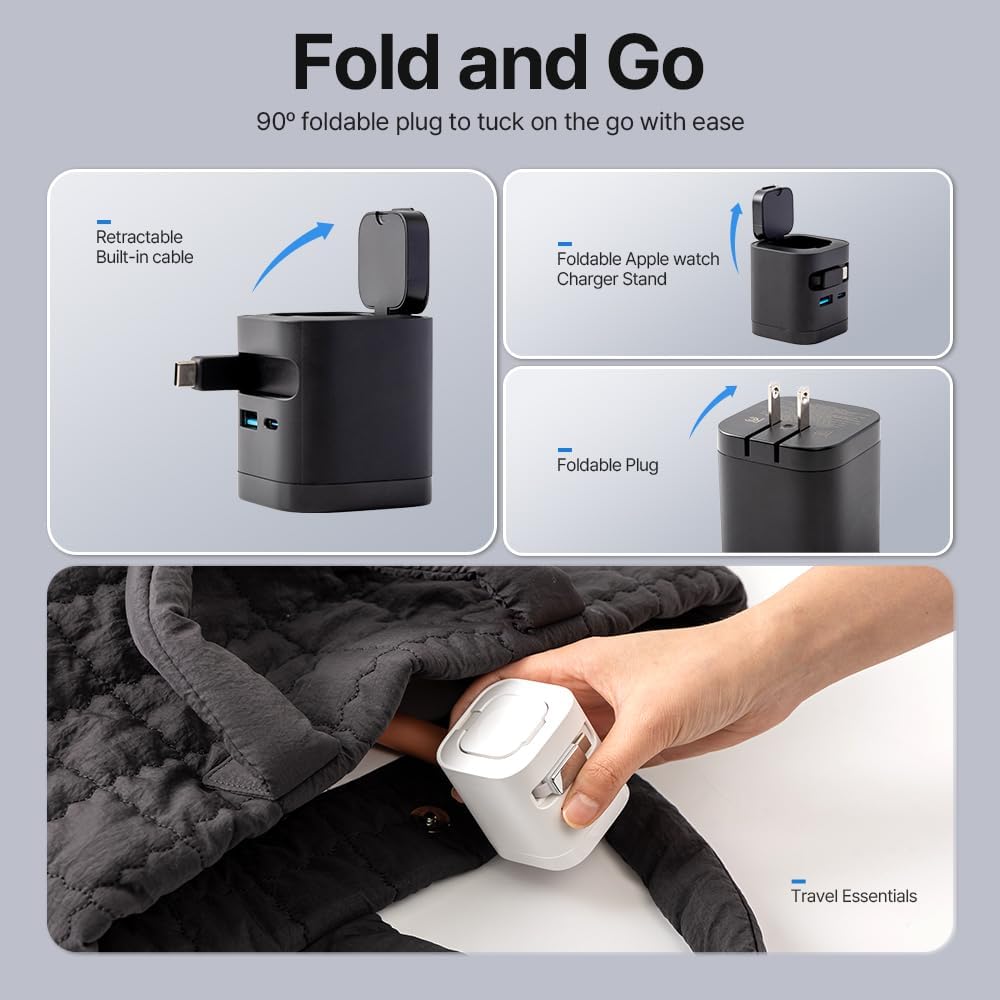 65W Retractable USB C Apple Charging Block with Built-in Apple Watch Charger,Foldable PD Fast Charger Block for iPhone 17 16 Pro Max,MacBook Pro/Air,iPad,iWatch Ultra/SE/10/9/8/7/6/5(White) - Image 4