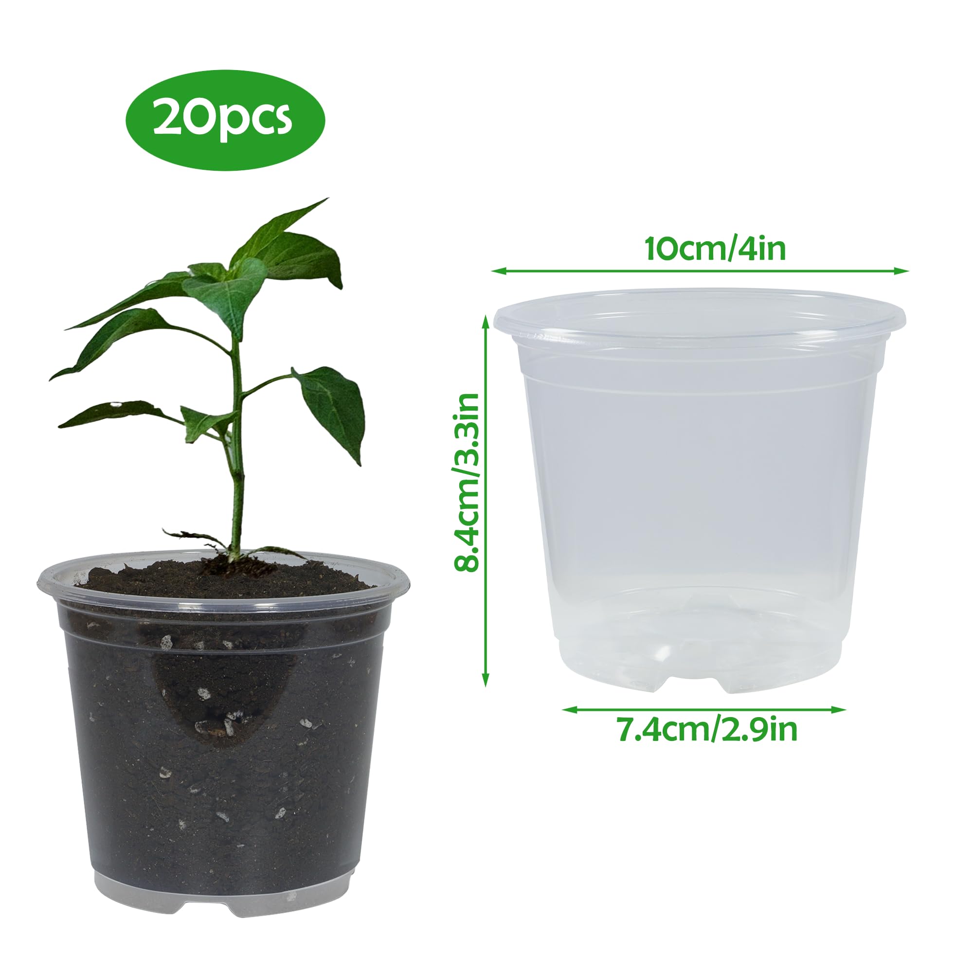 Lot de 20 pots de fleurs transparents de 10,2 cm avec drainage pour plantes, pots de rempotage transparents pour semis, pot de démarrage (transparent, 10,2 cm, 20 pièces)