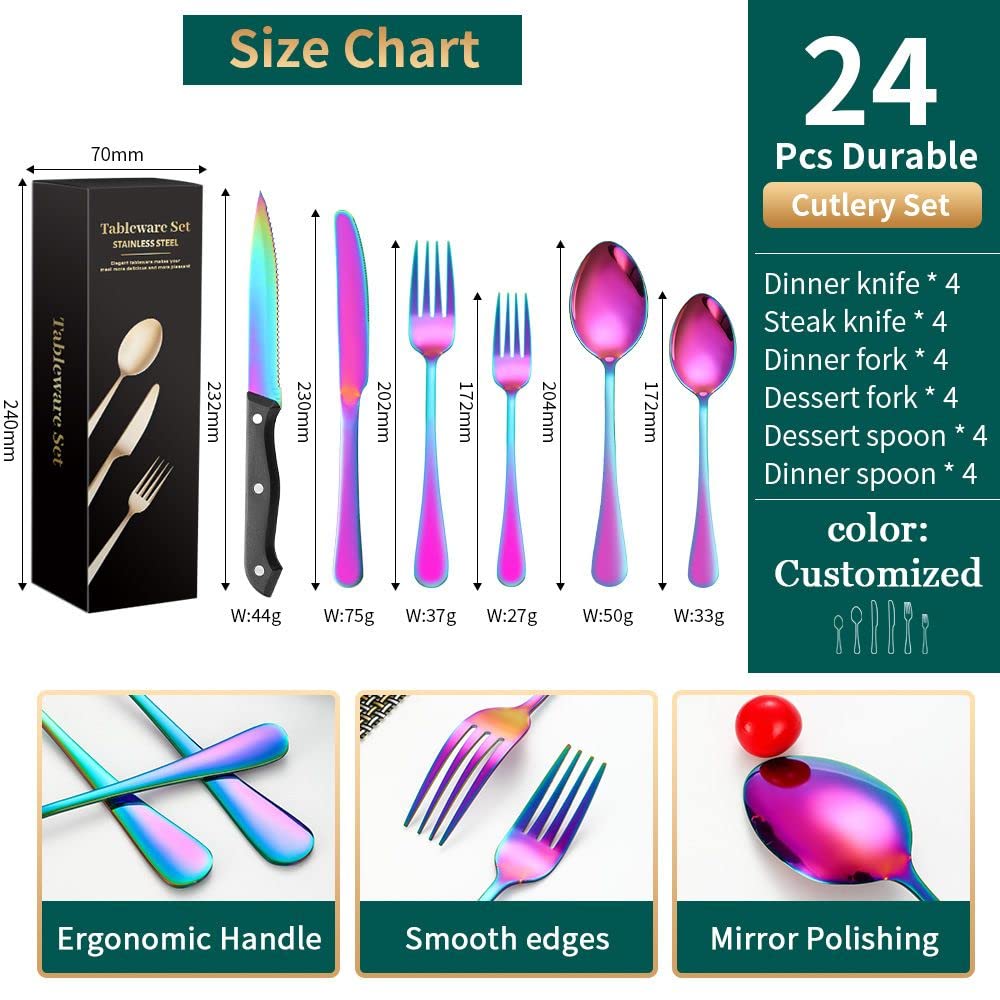 (24 piezas) Juego de cubiertos de cocina de acero inoxidable para 6, cuchillo de carne, tenedor, cucharaditas, comida occidental, postre, banquete, hotel, restaurante (oro rosa)