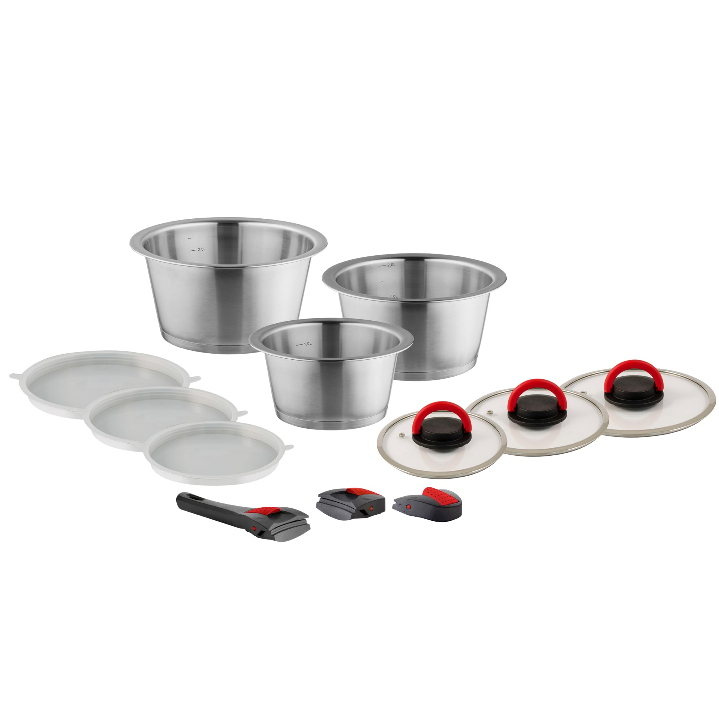 Topfset 12-tlg, abnehmbarer Griff, Edelstahl 18/10 | Das 12-teilige Set umfasst 3 Töpfe, 3 Griffe und 6 Deckel – stapelbar, spülmaschinenfest und induktionsgeeignet