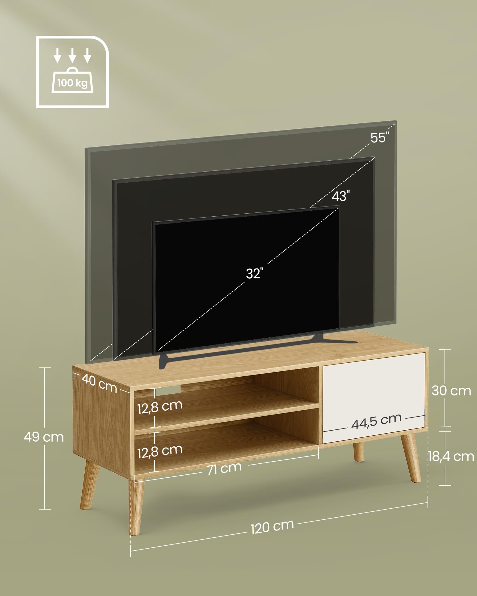 VASAGLE TV-Schrank, Lowboard, für Fernseher bis zu 55 Zoll, 120 cm lang | Fernsehschrank, Fernsehtisch, für Wohnzimmer, Mid-Century Modern, Eiche und Cremeweiss, MIRANTA Kollektion LTV120N01