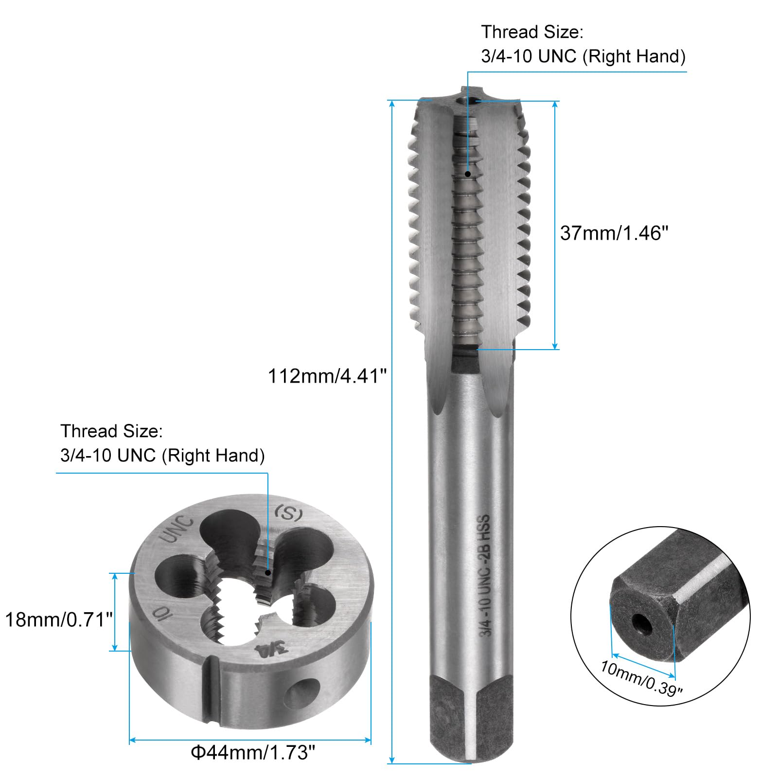 Set di 2 Maschi e filiere, Maschi filettati metrici 3/4-10 UNC e filiera Tonda, Kit di Utensili per Filettatura e maschiatura per Riparazione di filettature di Dadi, Viti e bulloni