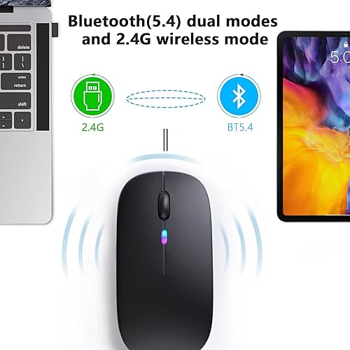 Miniatura 3 de Ratón inalámbrico LED, mouse Bluetooth recargable, mouse portátil delgado con receptor USB, conexión de modo dual BT5.4 y 2.4G, silencioso para