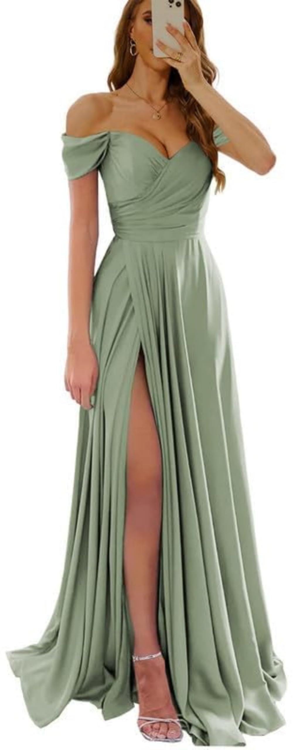 Women's Off The Shoulder Bridesmaid Dresses with Slit Satin Formal Gowns Long Prom Evening Party Dress with Pockets