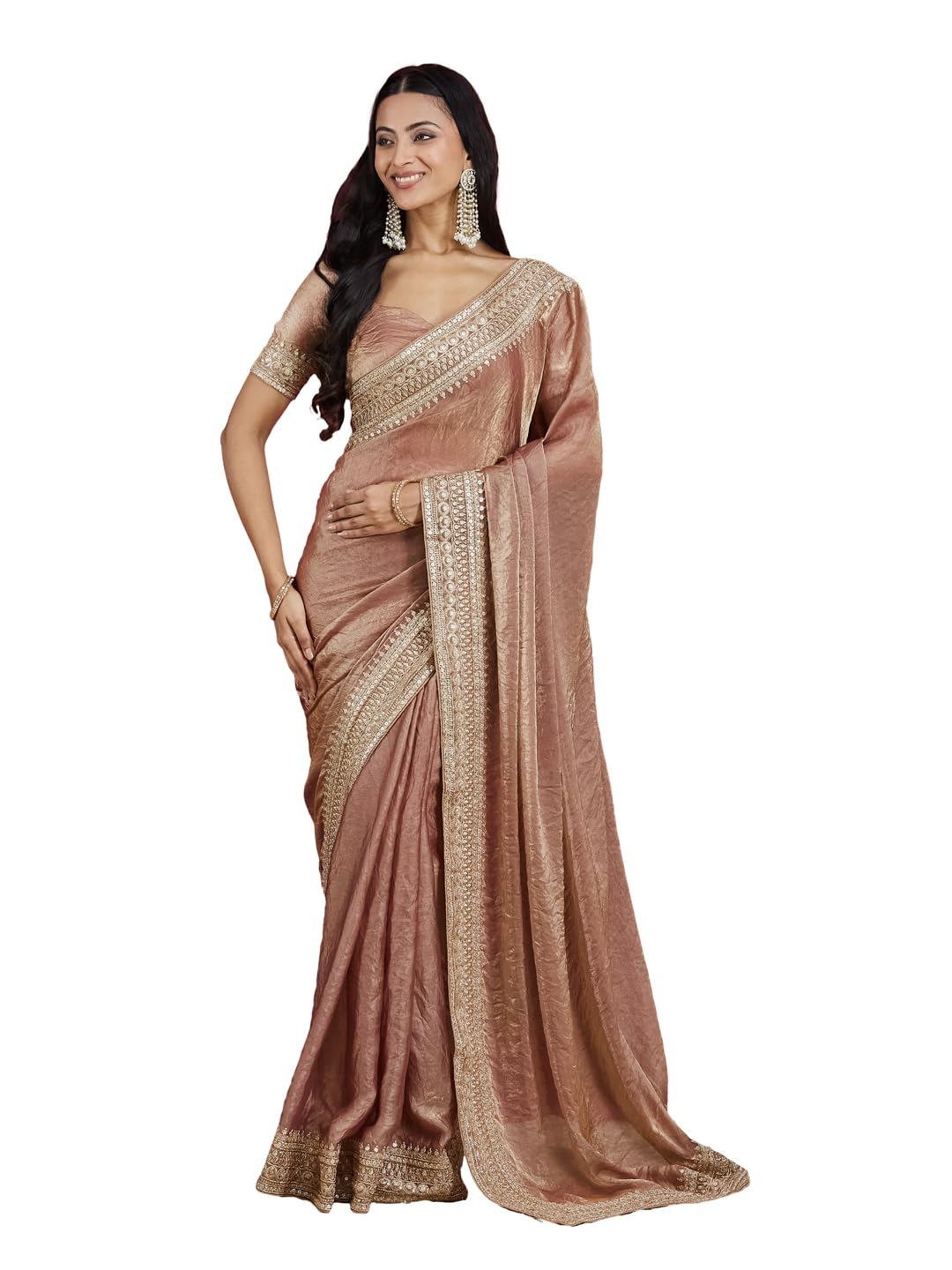 Women Peach Pure Silk Saree with Heavy Mirror & Zari Embroidered Border-image-35
