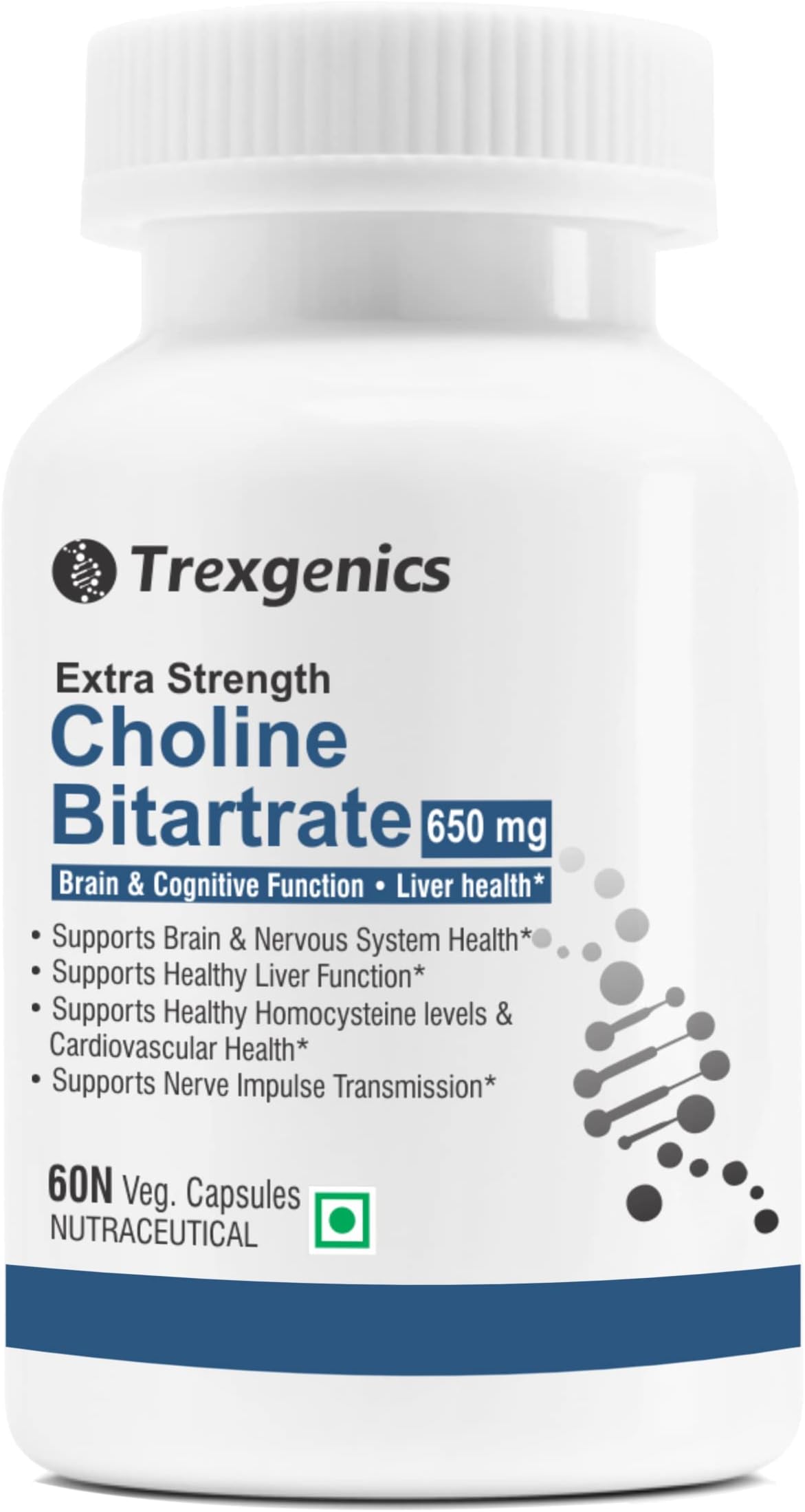Trexgenics CHOLINE BITARTRATE 650 mg Cognitive Function, Fat Metabolism, Brain & Nervous System Health Support VEGAN & NON-GMO (60 Veg. Capsules) (Pack of 1)