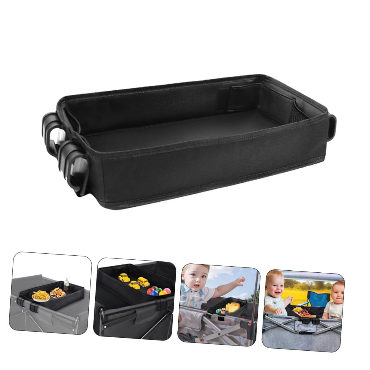 Plateau pour Poussette Bébé Xl en Toile Noire, Accessoire | Porte-gobelet, Support de Téléphone, pour Berceau et Poussette, Clip-on, Format Portable