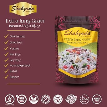 Shahzada Basmati Sela Rice (02 Lbs.) Extra Long Grain, Slender, Sturdy and Non-Sticky Grain for Effortless Cooking, Non GMO, Vegan, Gluten Free, Soy Free, No Cholesterol, Low Sodium, Resealable Zip-Lock Bag | Parboiled Basmati Rice 02 Pound Packing - 32 oz