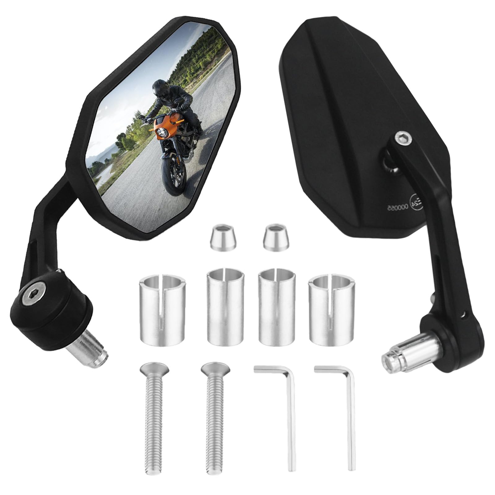 Motorrad Spiegel, Lenkerendenspiegel E Geprüft, 360° Drehbar Motorradspiegel 2 Stück mit Schrauben, Hülsen Zubehör, Universal für 13–20 mm Lenker