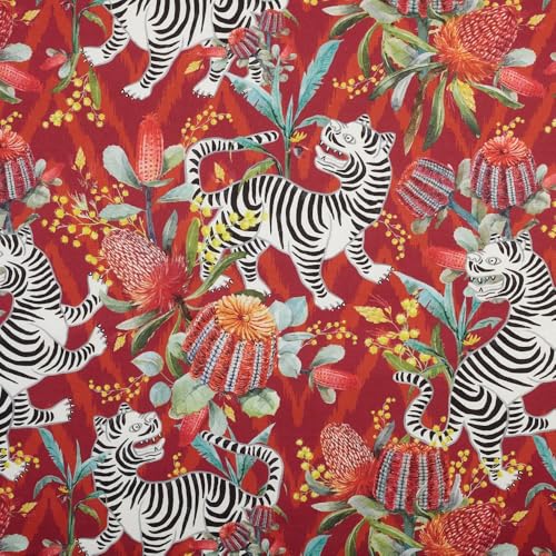 Kt KILOtela - Tela Loneta Estampada Digital, Tapizar Sillas, Cojines, Cabecero, Sofá, Bolsos, Costura, 100 cm Largo x 140 cm Ancho, Malak, Tigres, Rojo, 1 metro, Made in Spain