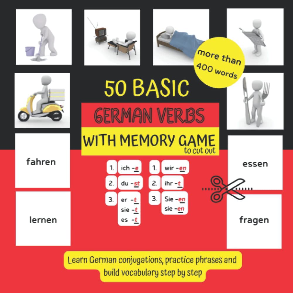 50 Basic German Verbs with Memory Game to Cut Out: Learn German Conjugations | Practice Grammar, Phrases and Vocabulary Step by Step | German Language ... for Kids and Beginners (Vocab Games for Kids)