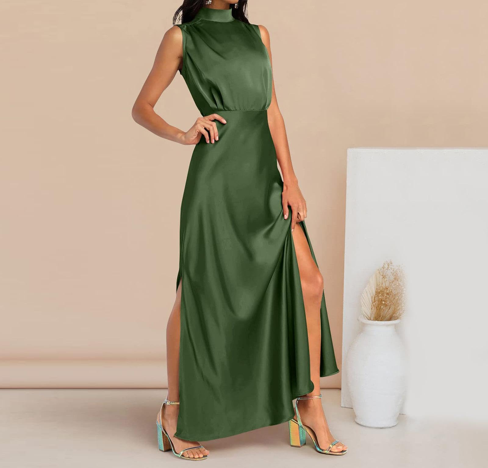 Abito da donna elegante in raso, senza maniche, a vita alta, per matrimonio, formale, per cocktail, per feste