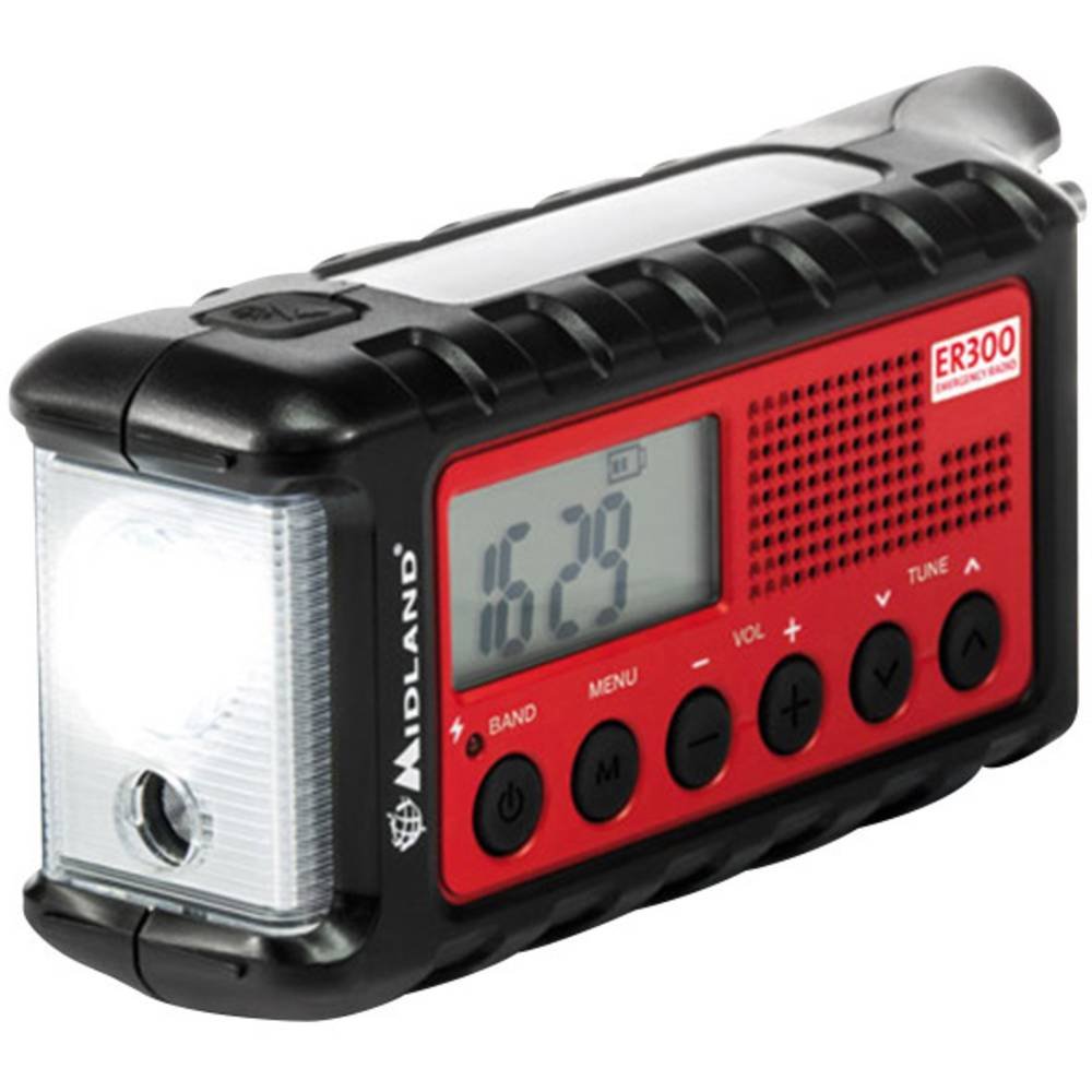 Midland - Power Bank Secours ER300 Multifonctionnel Camping et Outdoor, Lampe Torche LED Dynamo, Récepteur AM/FM avec Panneau Solaire, Fonction SOS et Rappel Ultrasons Chiens, Piles Rechargeables