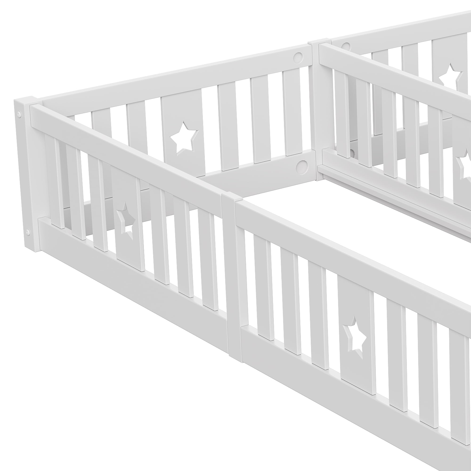 Montessori Cama infantil doble 2 x (90 x 200 cm), marco de madera con barrera de seguridad para 2 niños, color blanco y sin somier de láminas)