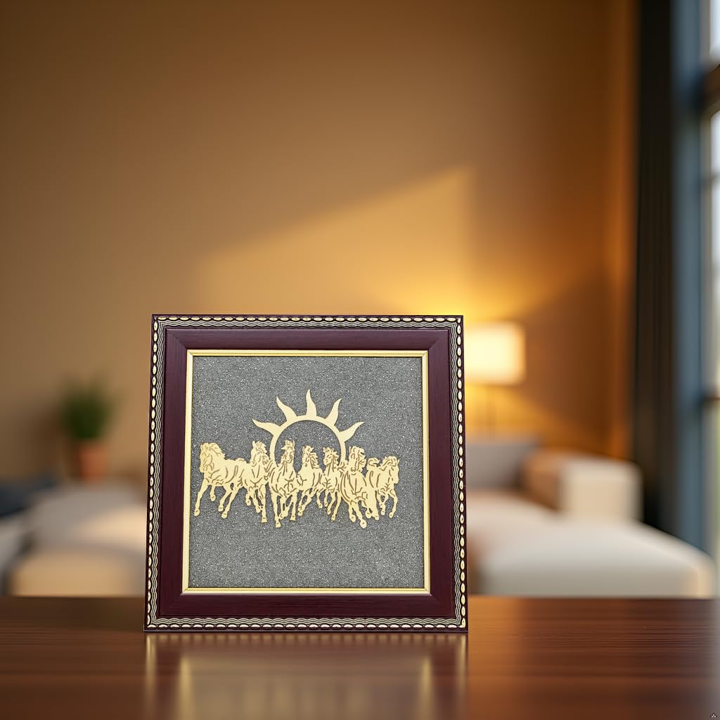 Divine Hindu 7 koni na surowej ramie pirytowej, 19 x 18 cm, dekoracja ścienna Vastu dla sukcesu i sławy, naturalne siedem koni, pirytowa rama z kamienia dla przyciągania pieniędzy, pomyślny wystrój