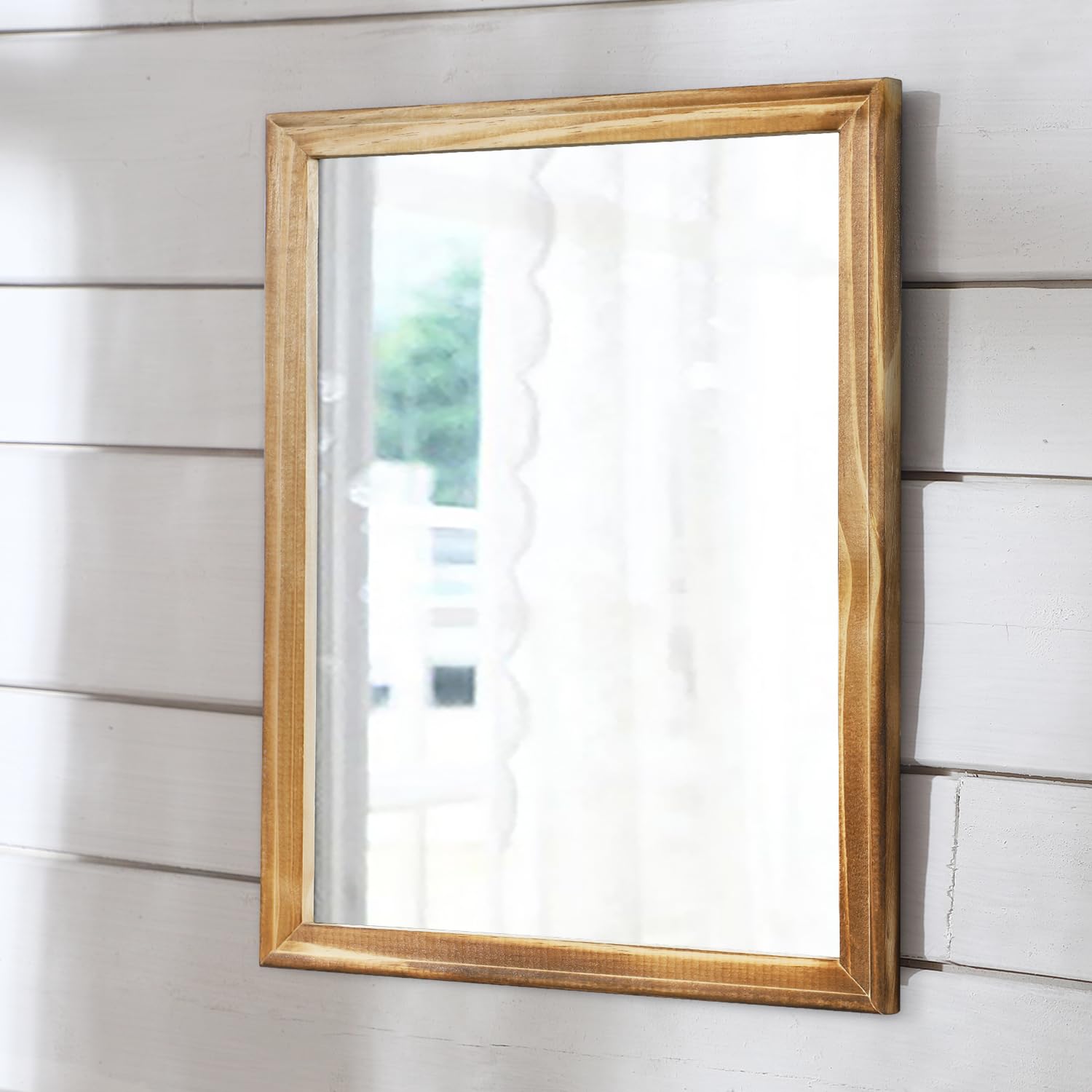 Aazzkang Natural Rustic Mirrors For Wall Large Rectangle Wood Frame Mirror 50X40cm For Farmhouse Bedroom Bathroom Hanging Decorative