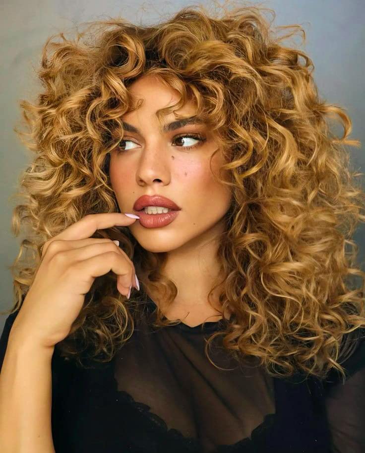 CoCrowns Curly Wig with Bangs for Black Women Long curly Shag Synthetic Hair Wigs Daily Use Cosplay 17 Inch (Blonde)