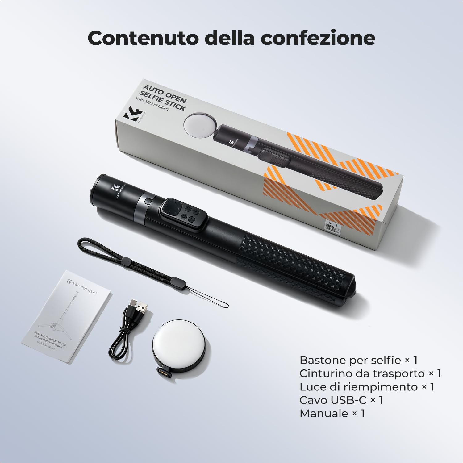 K&F CONCEPT 1,72M Treppiede Bastone Selfie Alluminio Con Luce LED | Apertura Rapida, Telecomando Bluetooth Batteria 600mAh, Compatibile con iPhone/Smartphone Android -X96