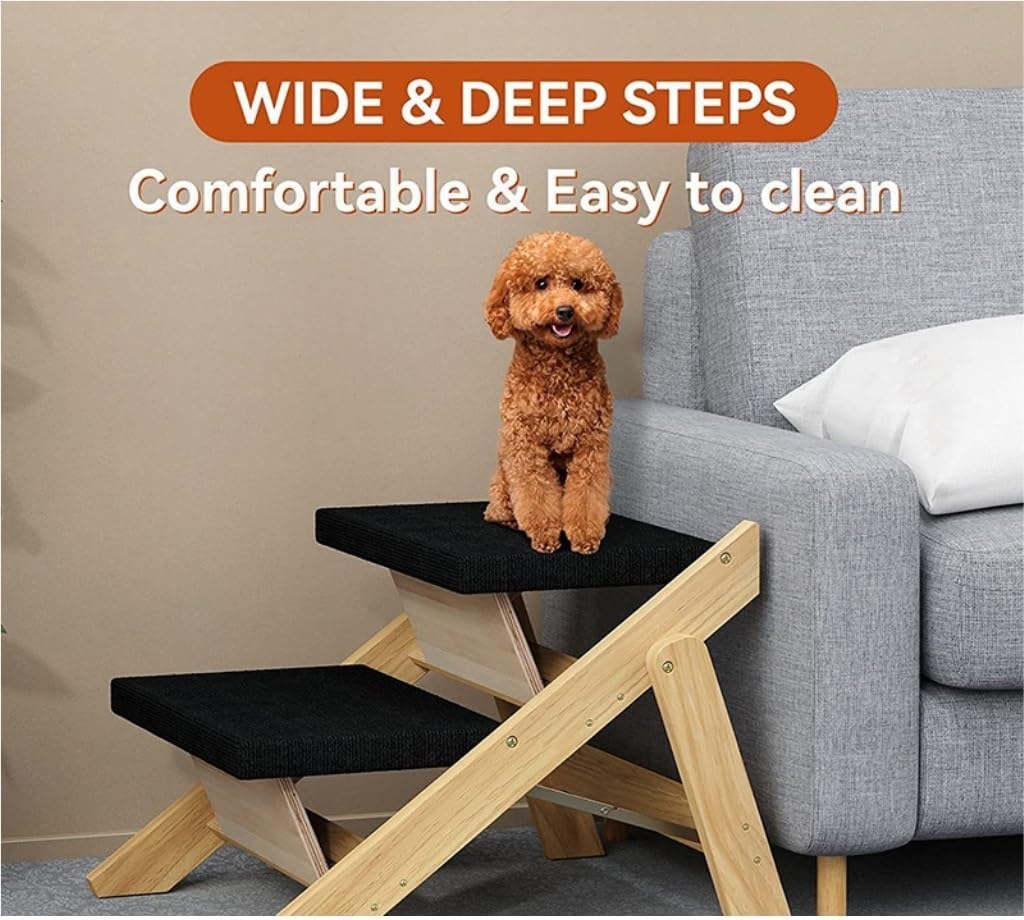 Easy to Clean Wooden Dog Ladder Outdoor Indoor Portable Two-Story Dog Ladder Cat Ladder Pet Ladder Pet Step Staircase Cat Activity Center(Black)