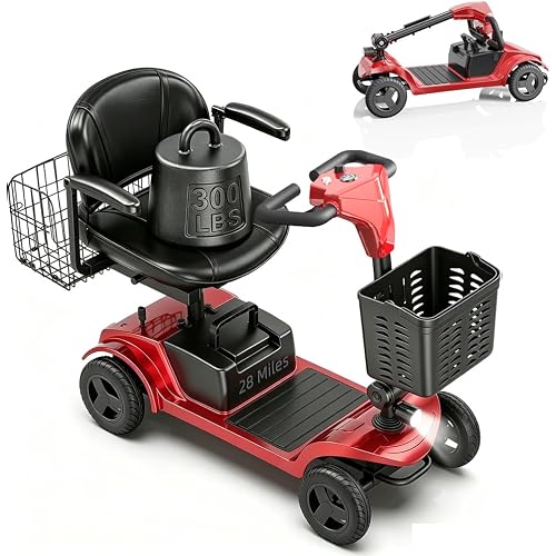 Motorized Scooter,Removable Battery,Foldable,300 lbs Capacity-Red | Mobility Scooters for Adults,Easy to Disassemble,15-Mile Travel,Tail Lights & Dual Baskets,Convenient for Daily Travel