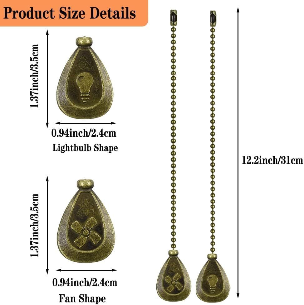 4PCS Ceiling Fan Pull Chain, Fan Pull Chain Extensions, Ceiling Fan Pull Chain Extender, Fan Pulls Chain Set, Pull Chains for Ceiling Fan and Lights, Brass