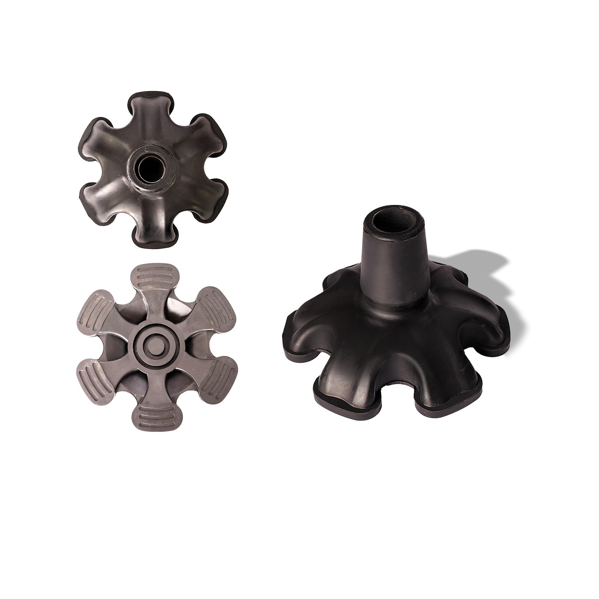 Contera grande de goma para muletas y bastones, universal 19mm diámeto, base grande con 6 patas, antideslizante y autoportante. Gran estabilidad y agarre.