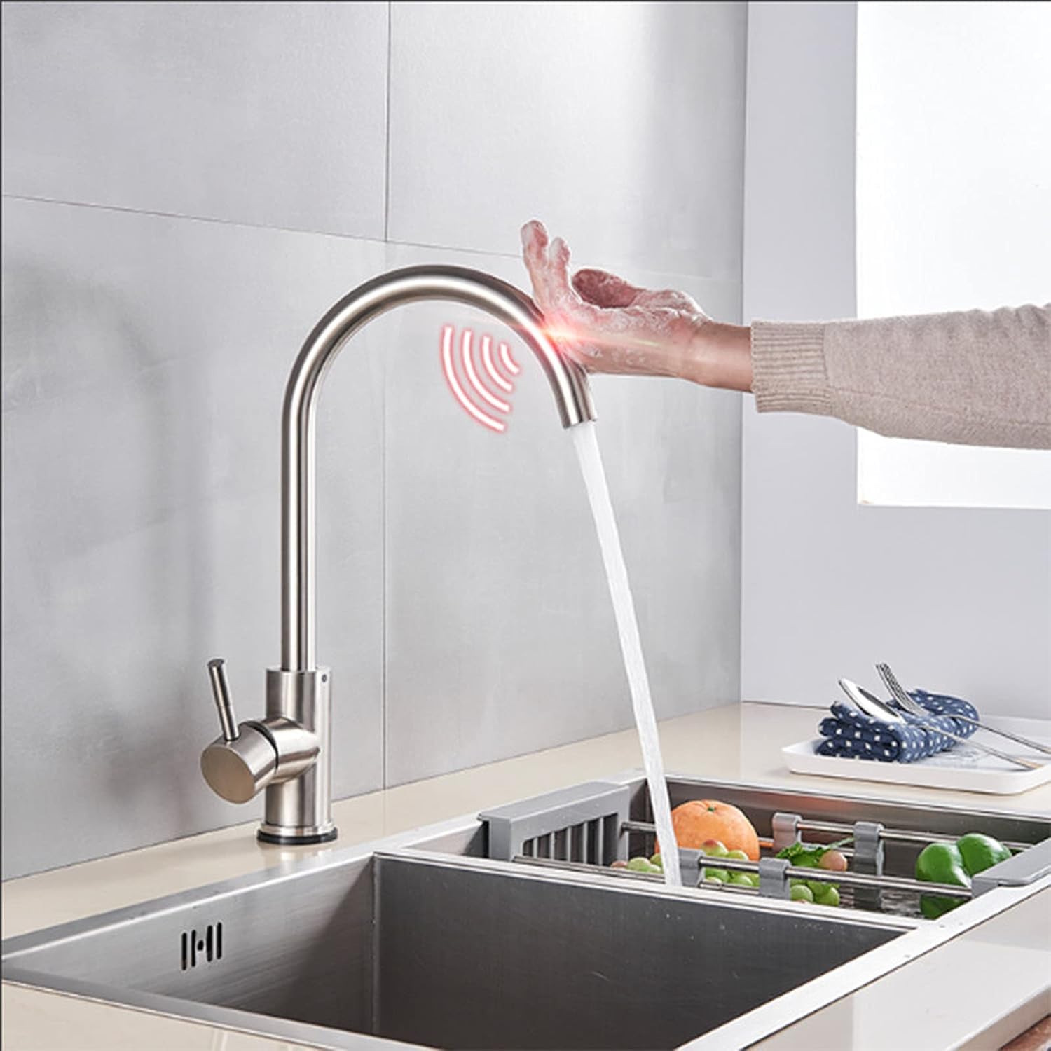 Xazlbiw Brushed Smart Touch On Kitchen Faucet Sensor 360 Rotation Pull Out Single Handle Mixer Tap Two Water Modes Sink Crane Hot Cold