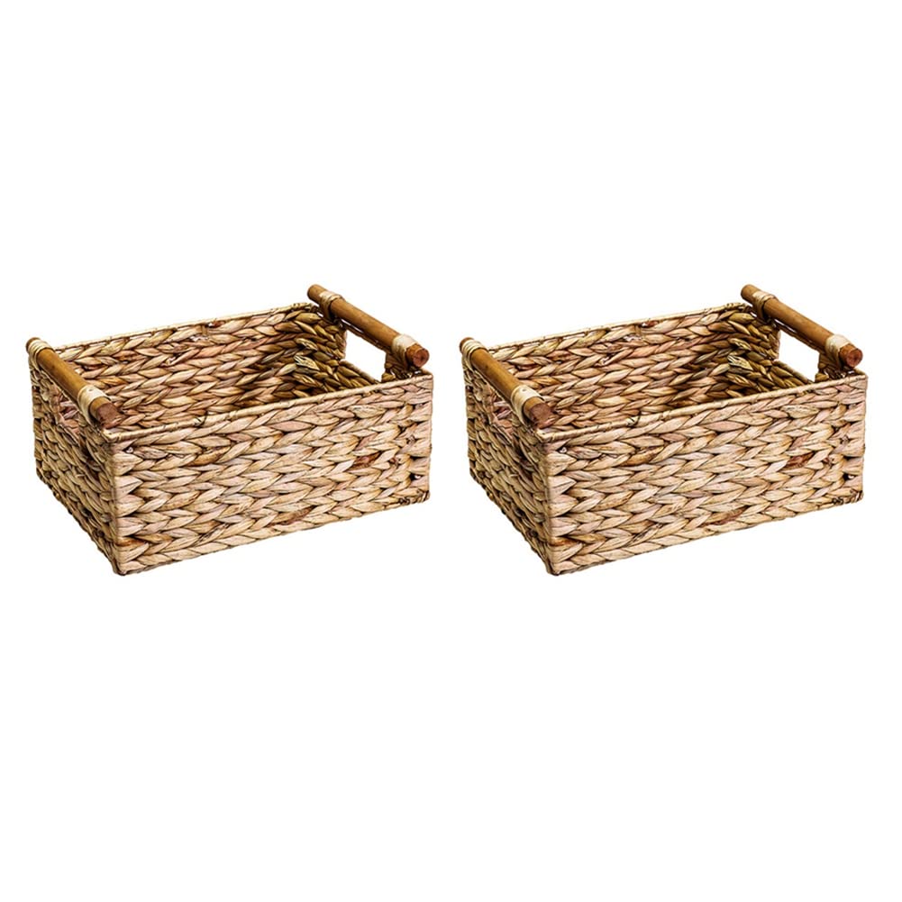Hndhbfgrt 3X Wicker Basket Rectangular with Wooden Handles for Shelves Hyacinth Basket Storage,Natural Baskets for Organizing