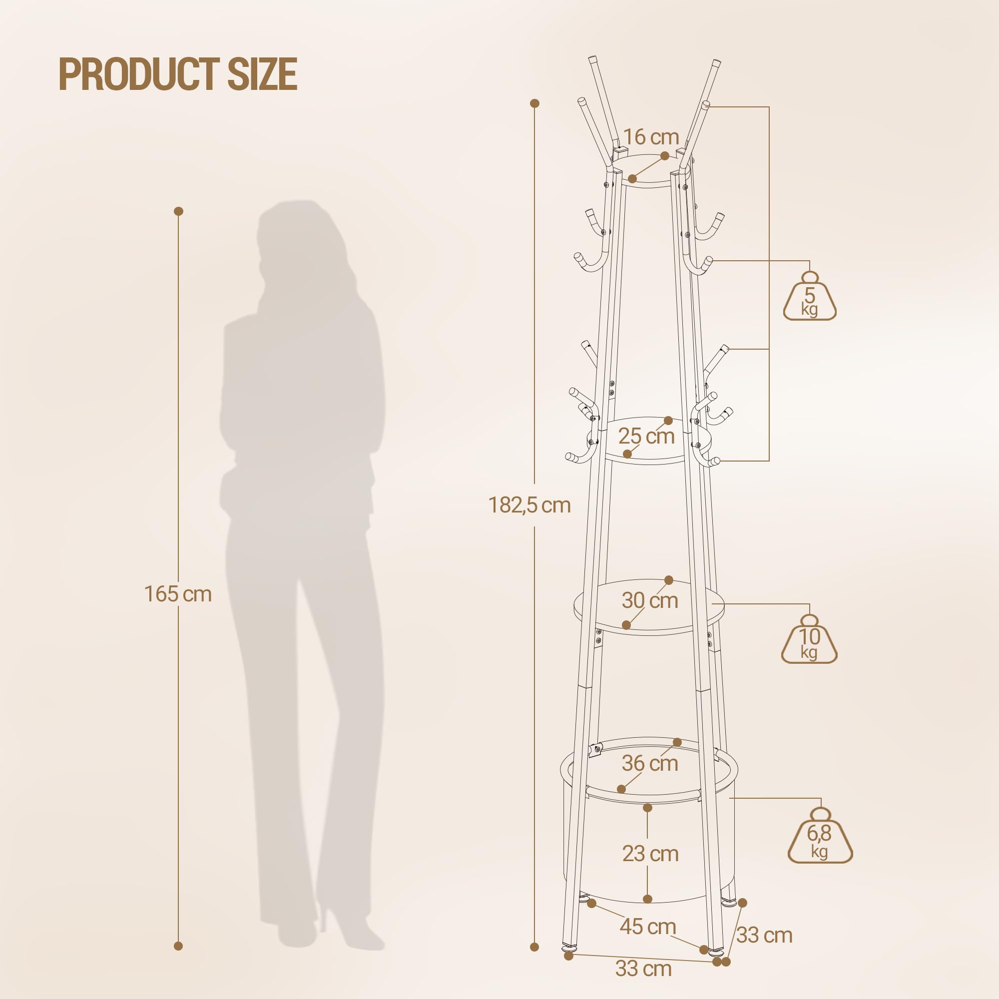 Hzuaneri Garderobenständer, Kleiderständer mit Großer Aufbewahrungskorb, Garderobe mit 3 Ablagen, 16 Haken, für Eingangsbereich, Schlafzimmer, 182,5 cm Hoch, Goldeichenfarben und Weiß CR27316W