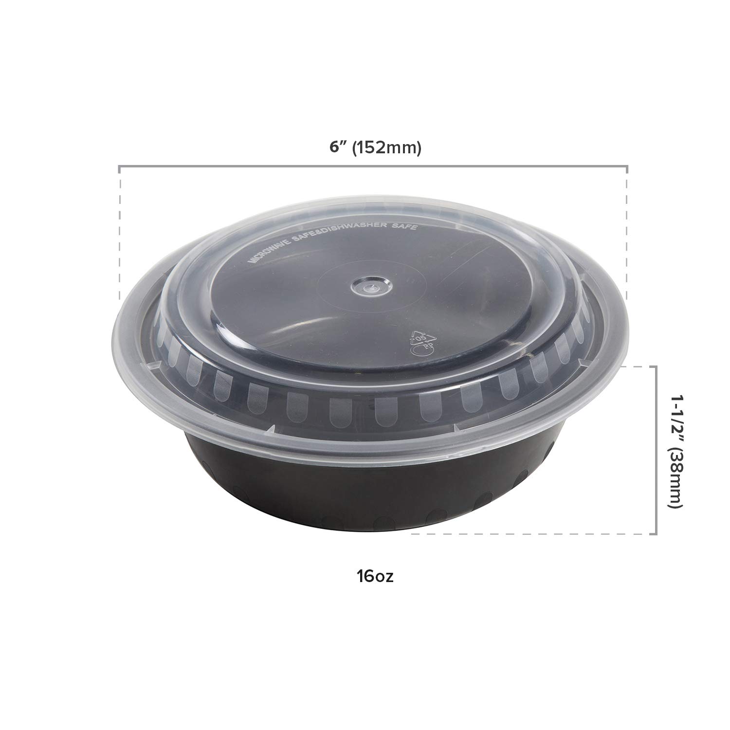 AmerCare 6" Round Black Plastic Container with Lid, 16oz. for Microwave or Freezer, Pack of 150
