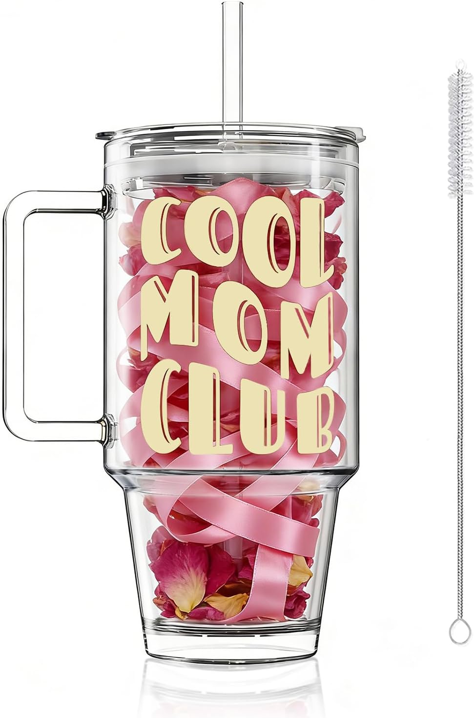 Mothers day gifts 24oz Glass Tumbler with Handle and Leak-Proof Lid,1PCS Cute COOL MOM CLUB Print Glass Cup for Iced Coffee, Tea, Smoothies, Perfect Mama Birthday Gift for Mom from Daughter, Son