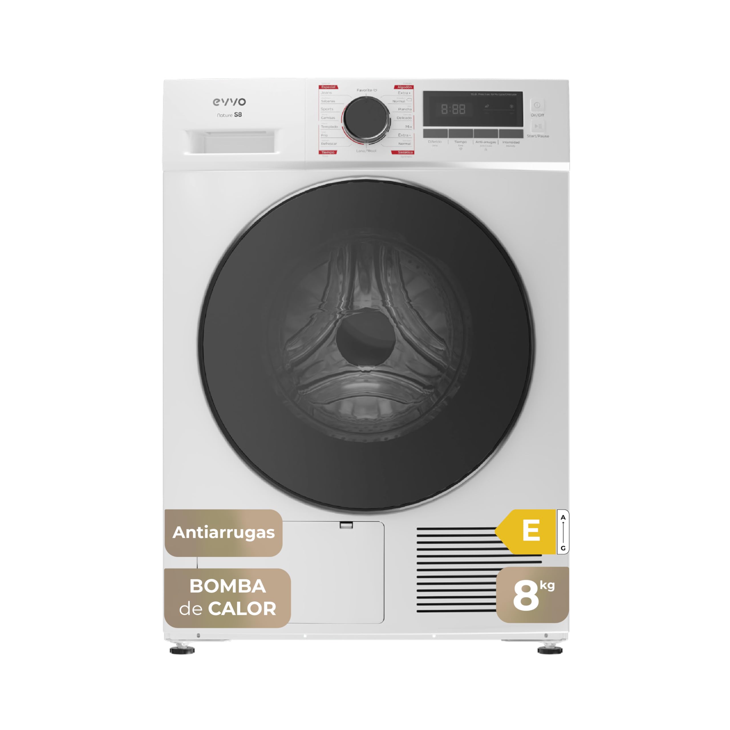 EVVO Secadora de Ropa Nature S8 E - Capacidad de 8kg, Efic. Energética E, Airfresh, Secadora Bomba de Calor, Sensor Humedad, Antiarrugas, Inicio Diferido, 16 Programas, Fácil Instalación, Blanco