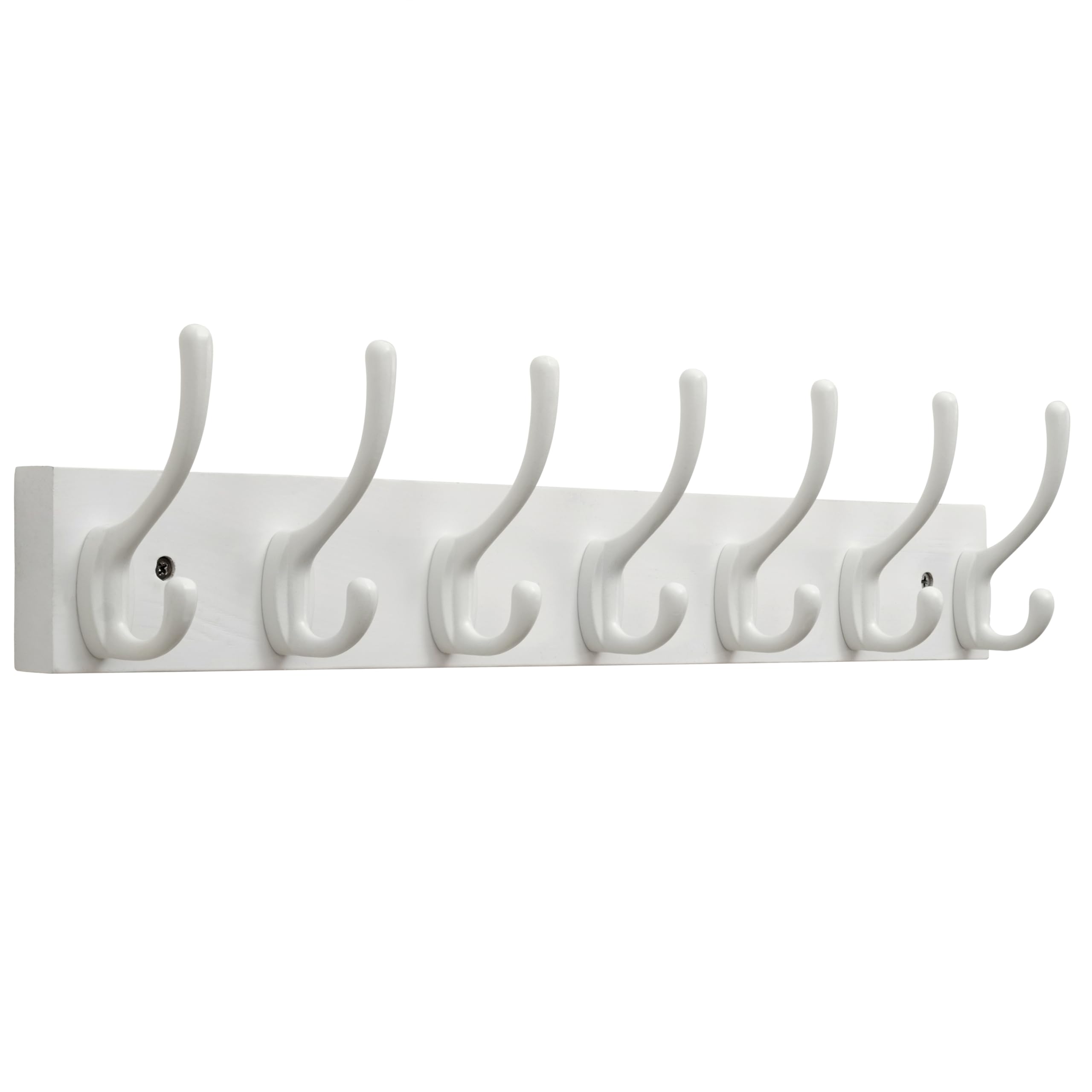 SKOLOO Solid Pine Wood Wall Mounted Coat Hooks, 50cm Long, 7-Hook Modern Entryway Organizer with 16" Stud Installation, for Hallway, Bathroom, Kitchen (White Wood & White Hooks)​