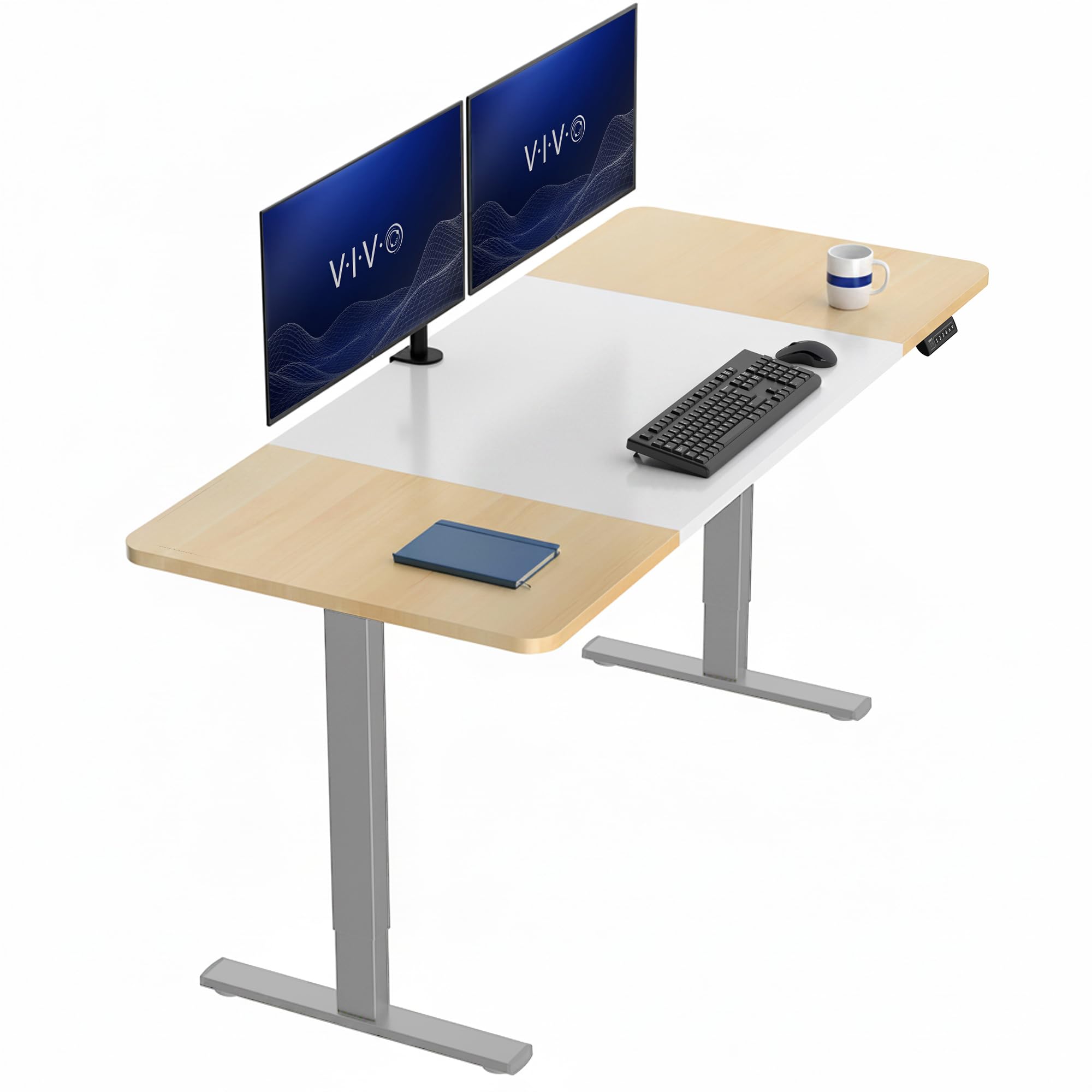 VIVO White/Light Wood 71 x 30 in Standing Desk, DESK-KIT-1G7WC | Electric, Holds 220 lbs, Sit Stand, Height Adjustable, Extra Deep Table Top, Memory Presets, 1B Series, Gray Frame