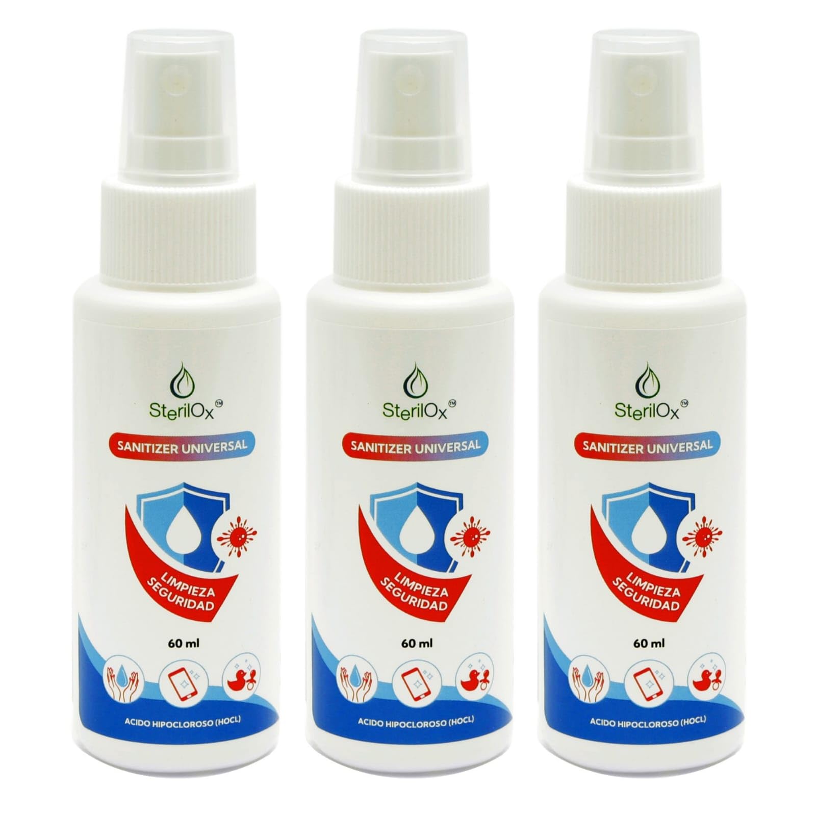 Spray 3 x 60 ml – Solución Cosmética con Ácido Hipocloroso | Para Manos, Juguetes, Utensilios y Objetos | Seguro para Niños y Mascotas – Sin Alcohol ni Perfume