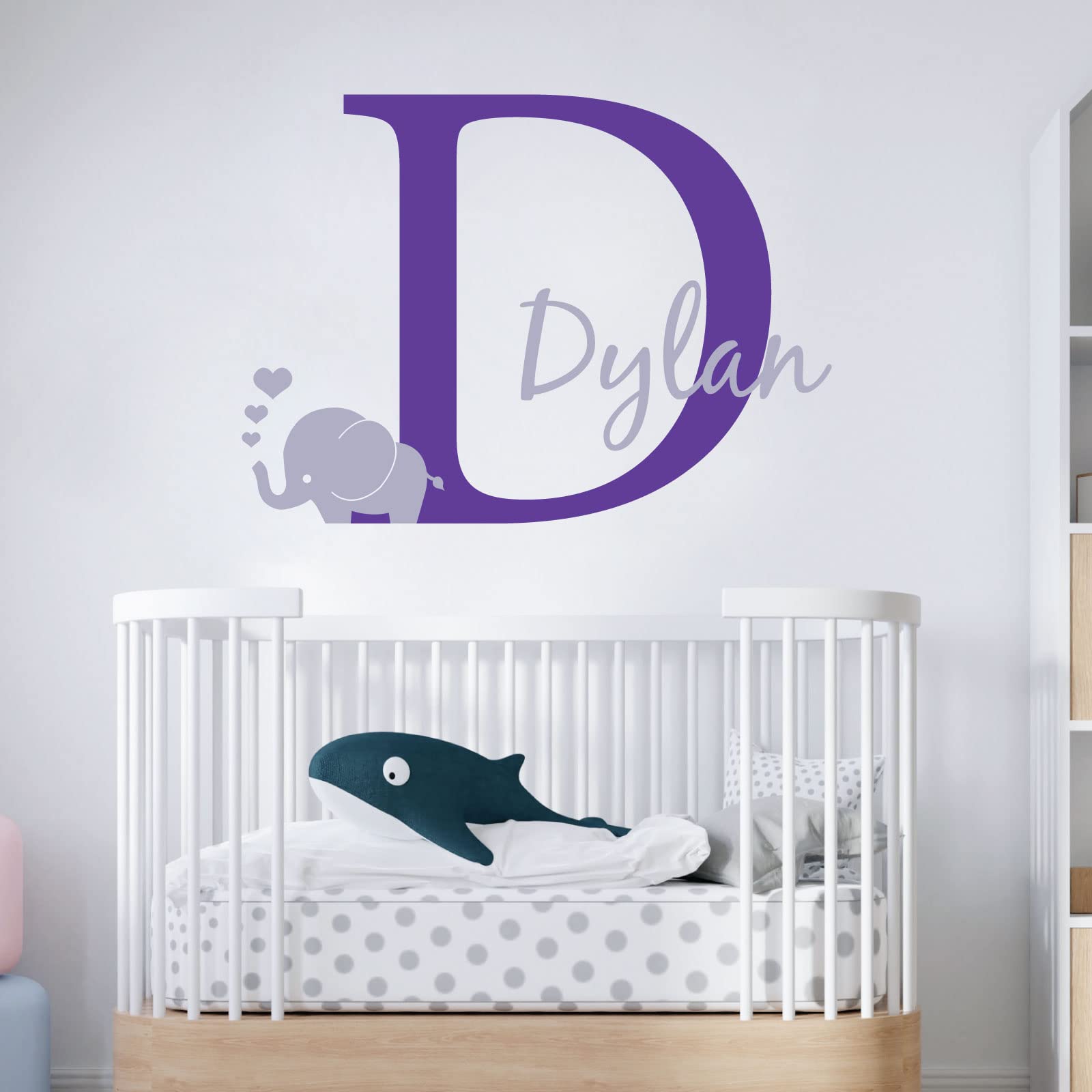 Personalised Baby Girl/Boy Name with Initial Letter and Baby Elephant, Hearts - 2 Colours [Large] [Purple]