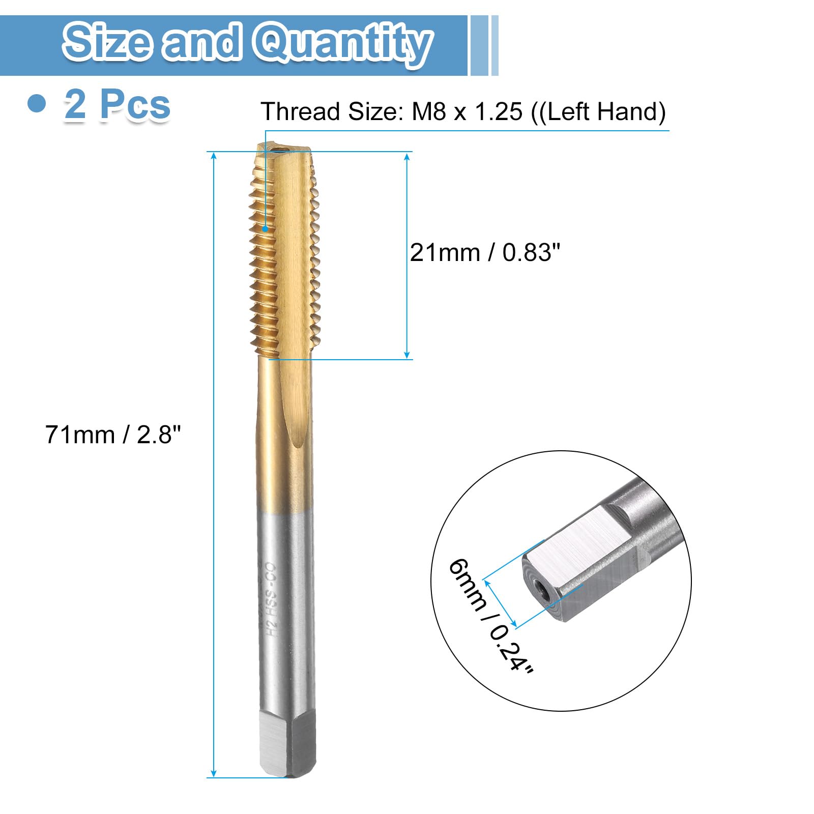 uxcell 2pcs Straight Flute Thread Tap, M8 x 1.25 Left Hand Metric Titanium Coated Screw Threading Tapping Tool Thread Milling Machine Taps, M35 High Speed Steel with Cobalt