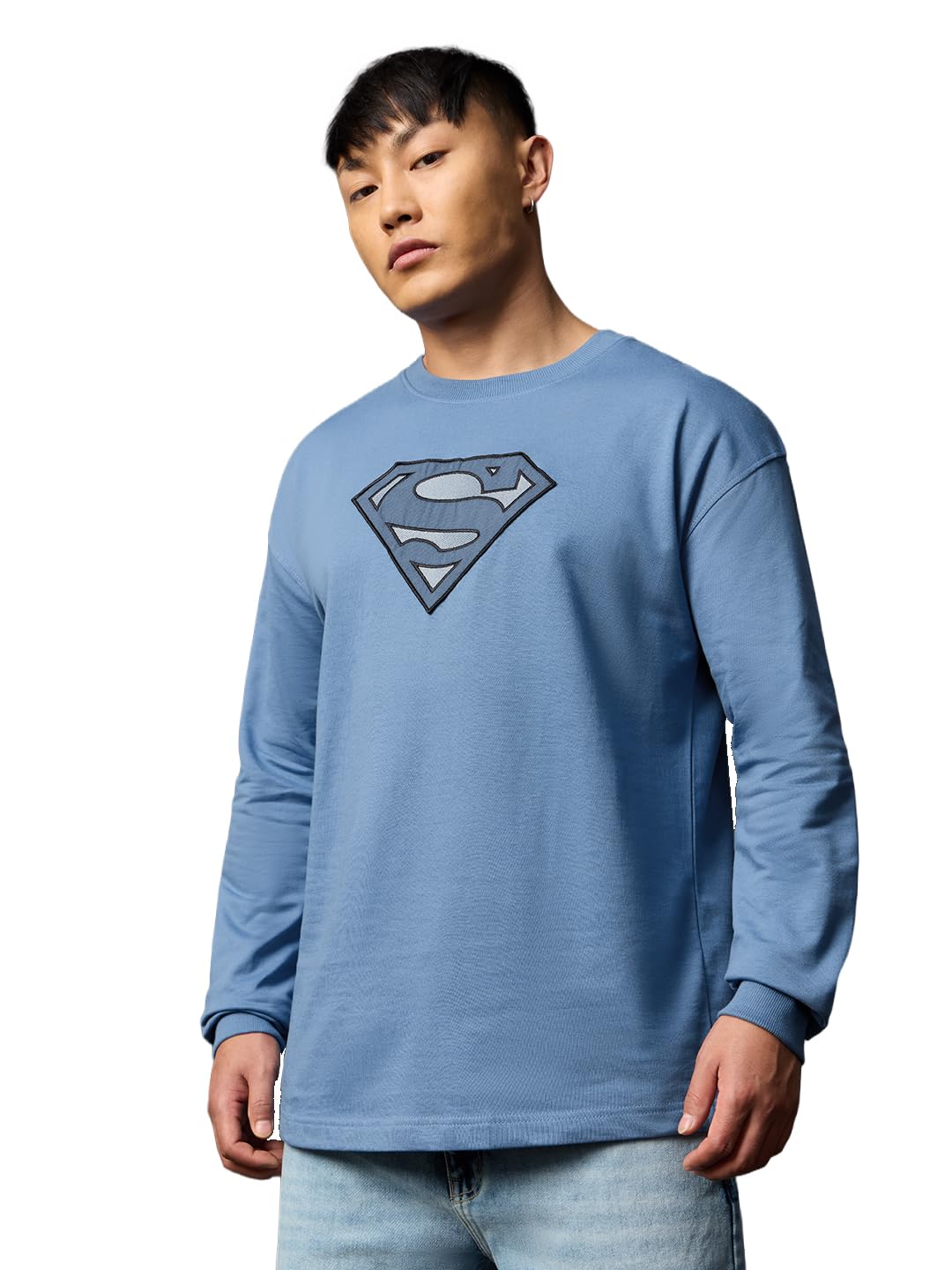 The Souled Store Superman: Blue Logo Men and Boys Long Sleeves Round Neck Blue Embroidered Casual Lightweight Drop Shoulder Streetwear Trendy Oversized Full Sleeve T-Shirt-picture-35