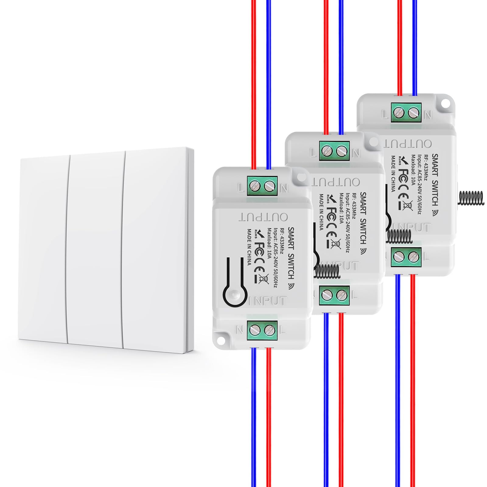 KADMOS Funk-Lichtschalter Set,selbstversorgt Funk Lichtschalter,Drahtloser Schalter- keine Batterie erforderlich,automatischer Rebound-Schalter,keine Verkabelung erforderlich (3key 3receiver-White)