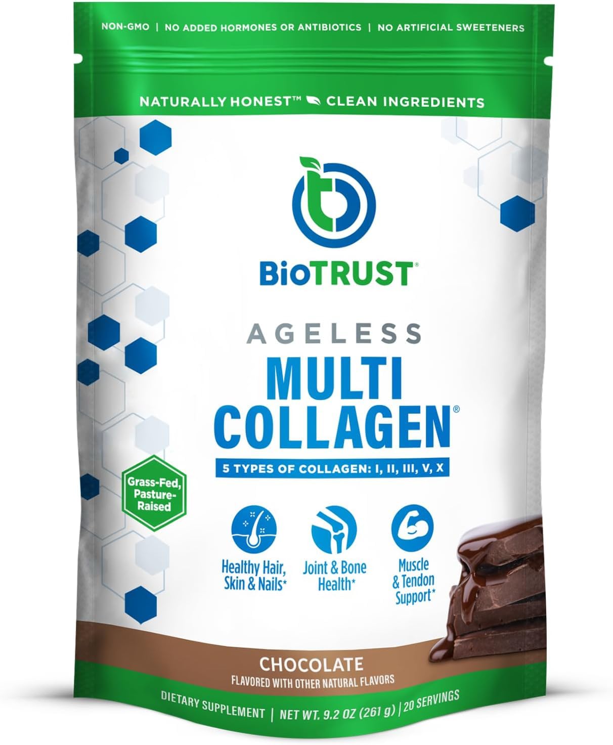 BioTrust Ageless Multi Collagen Peptides Powder – 5 Types (I, II, III, V, X) – Chocolate Collagen Powder for Women & Men – Hydrolyzed Protein – Grass