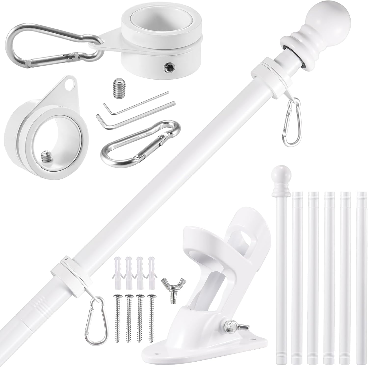 BONWIN White Flag Pole Kit for Outside House, 7FT Thickened Stainless Steel Wall Mount Flag Pole for 3x5'/ 4x6' Flag, 1" Anti-Wrap Spinning Flag Ring Clips & 2-Position Bracket Holder for Porch Yard