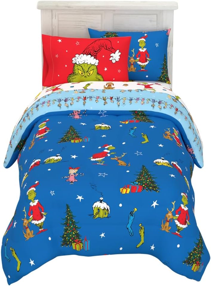 Franco Grinch by Dr. Seuss Holiday & Christmas Bedding Soft Comforter and Sheet Set with Sham, 5 Piece Twin Size, (Official Dr. Seuss Product)