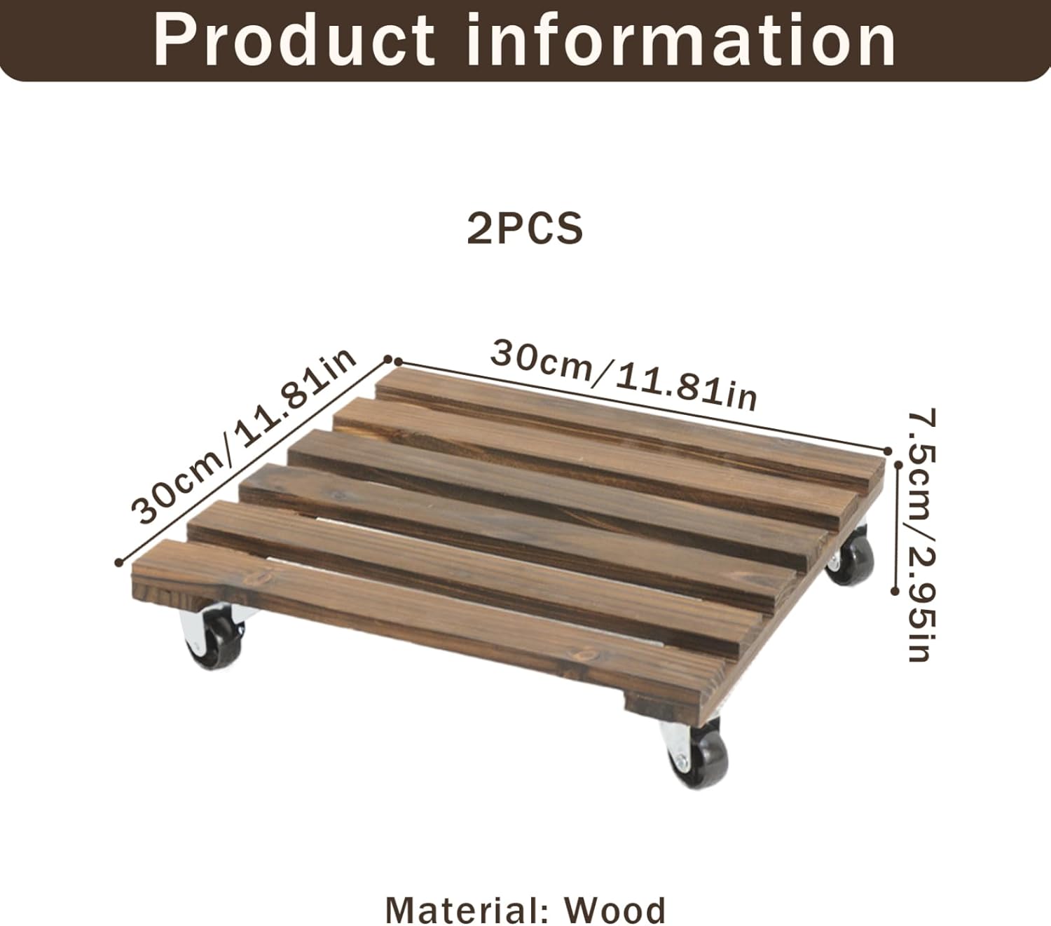 Plant Caddy 2Pcs 12in with Lockable Caster Wheels Square Wooden Plant Stand 360-degree Rotating Flower Pot Stand for Indoor Outdoor Home Garden Furniture Dolly