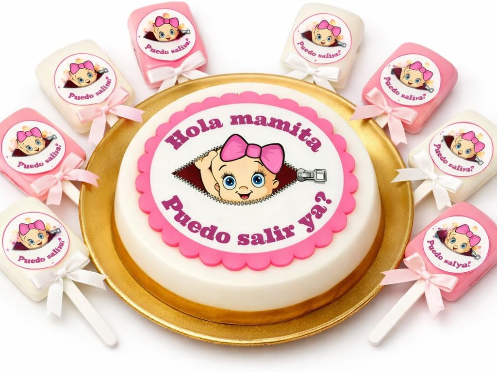 Baby Shower Adorno comestible para pastel y hojas de imágenes de galletas Diseño lindo de niña bebé Oblea rosa de dibujos animados Papel de oblea imprimible, Transfer para jelly art y gelapaletas 1 imagen de 8" y 12 círculos pequeños