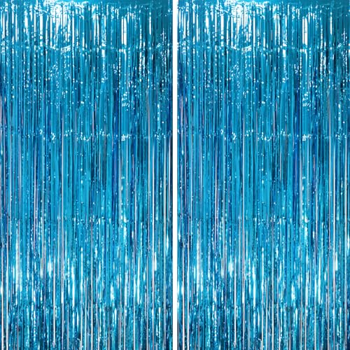 Image of Voircoloria 2 Pack Retro Blue Foil Fringe Backdrop Curtains, Tinsel Streamers Party Decorations, Fringe Backdrop, Door Shimmer for Retro Theme Party
