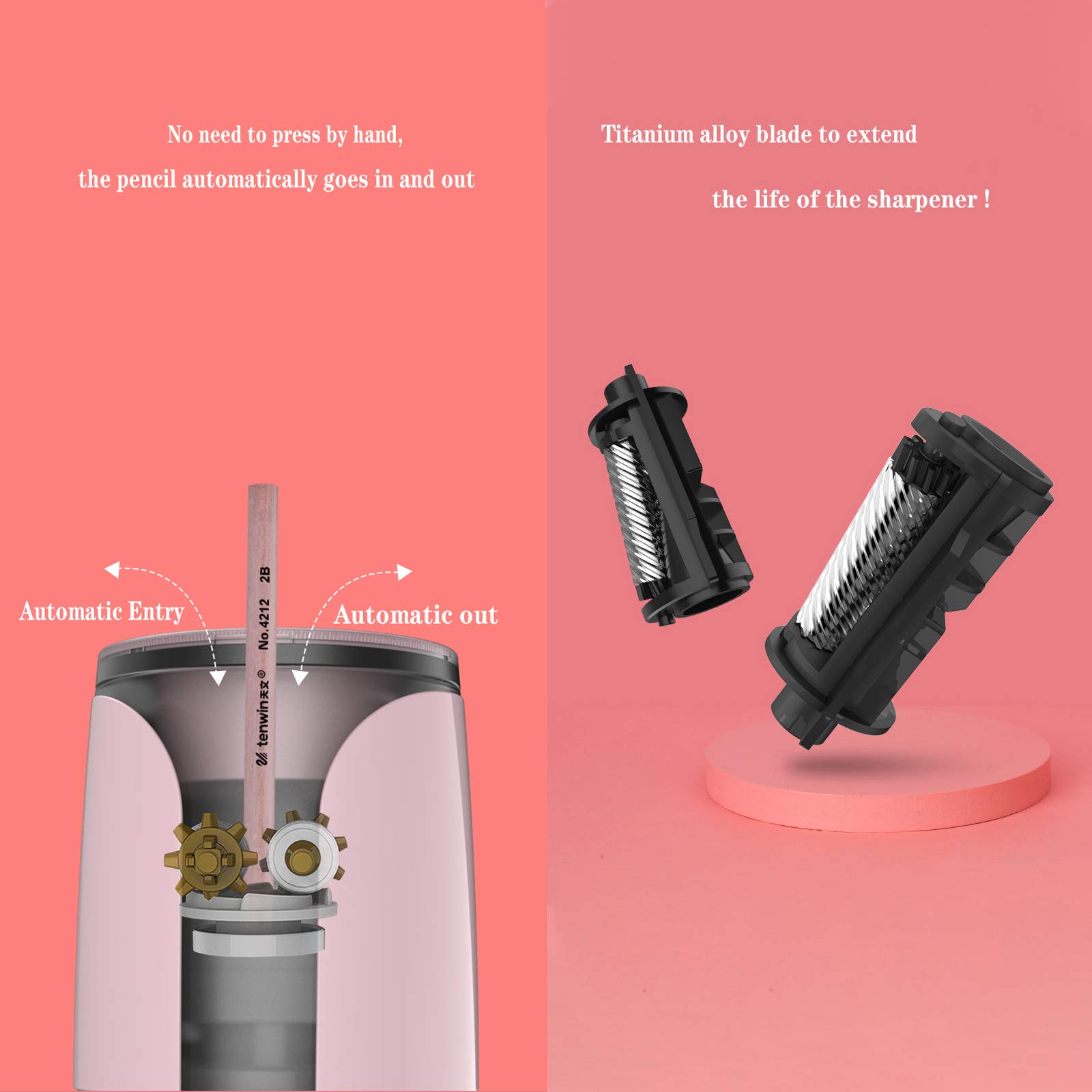 Temperamatite elettrico, completamente automatico, ricaricabile, alimentato a batteria, ripristino automatico, avvio sicuro per studenti, ideale per materiale scolastico e ufficio